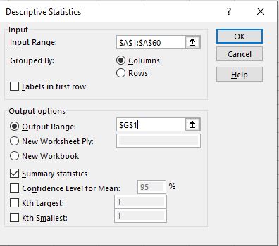 Descriptive Statistics Dialog Box determining the results from the Data Analysis tool