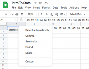 Google sheets screenshot selecting the correct separator between data so the spreadsheet knows how to split the data into columns.