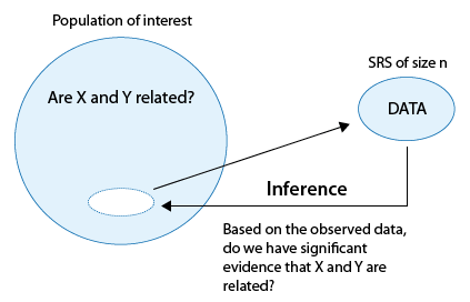A large circle represents the Population of Interest. We are interested in whether X and Y are related in the population. To figure this out, we take a SRS of size n, represented by a smaller circle. This is the data that we use to perform inference. Based on the observed data, do we have significant evidence that X and Y are related?