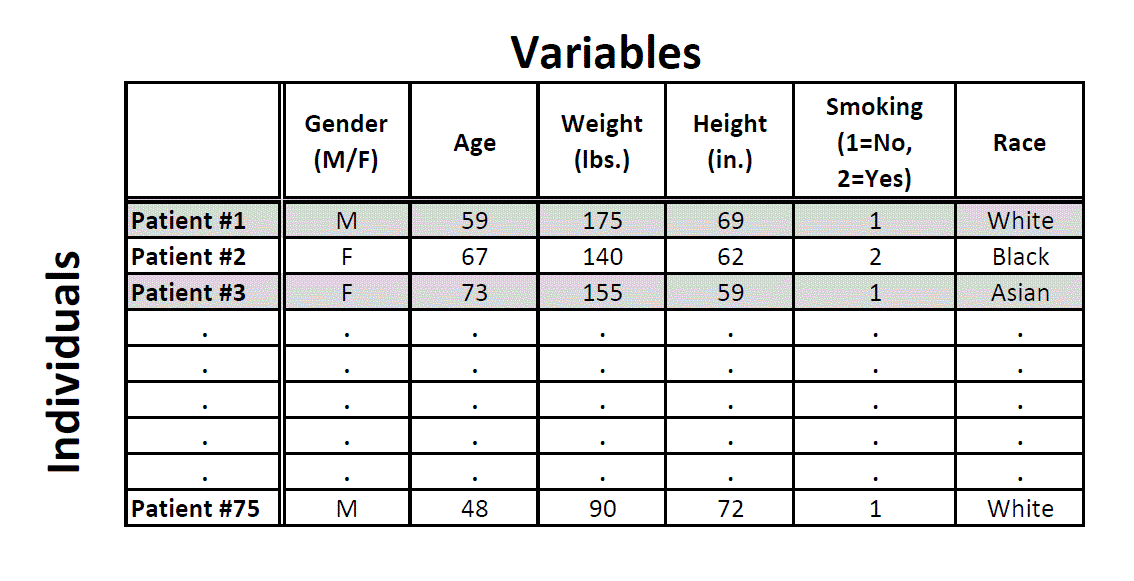 A table in which the rows represent patients and each column represents a variable. For example, the third row is for Patient #3, and each cell in the row is in a particular column. The first column is Gender, and Patient #3's gender is female, so there is a 'F' in the first column of the third row.