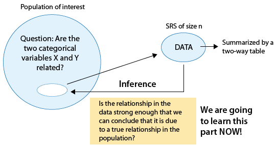 We have a population of interest and a question about it, which is "Are the two categorical variables X and Y related?". We take an SRS of size n, and summarize that data with a two-way table. Via inference, we can decide if the relationship is strong enough that we can conclude that it is due to a true relationship in the population. This inference step is what this section goes over.
