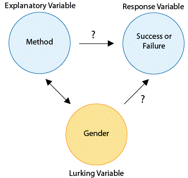 Aquí, la Variable Exploratoria, que es el Método, puede afectar a la Variable de Respuesta, que es Éxito o Fracaso. También tenemos una Variable al acecho, que es Género. Se confunde con la Variable Exploratoria, por lo que también puede estar afectando a la Variable de Respuesta.