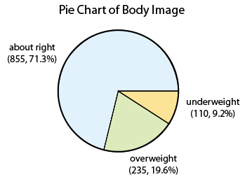 A pie chart of the distribution. Taking up 71.3% of the chart is the "about right" category, which is labeled with "about right (855, 71.3%)". Another 9.2% of the chart os occupied by the section labeled "underweight (110, 9.2%)", and taking up 19.6% of the chart is the area labeled "overweight (235, 19.6%)". In total the three sections fill up the entire pie, so they make up 100% of the chart, which represents the entirety of the data.