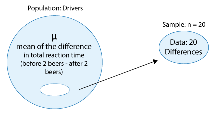 La población de conductores está representada por un gran círculo. Nos interesa μ para esta población, que representa la media de la diferencia en el tiempo total de reacción (antes de 2 cervezas - después de 2 cervezas). Generamos una muestra de tamaño n = 20, y obtenemos 20 diferencias.