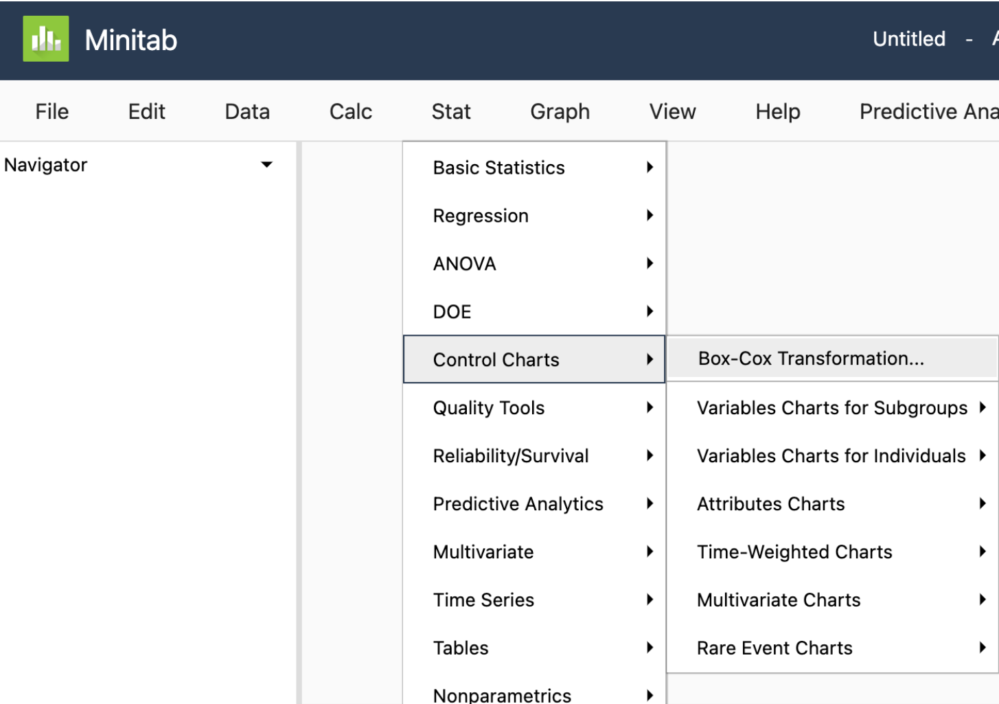 Selecting the Box-Cox Transformation stat option in Minitab.
