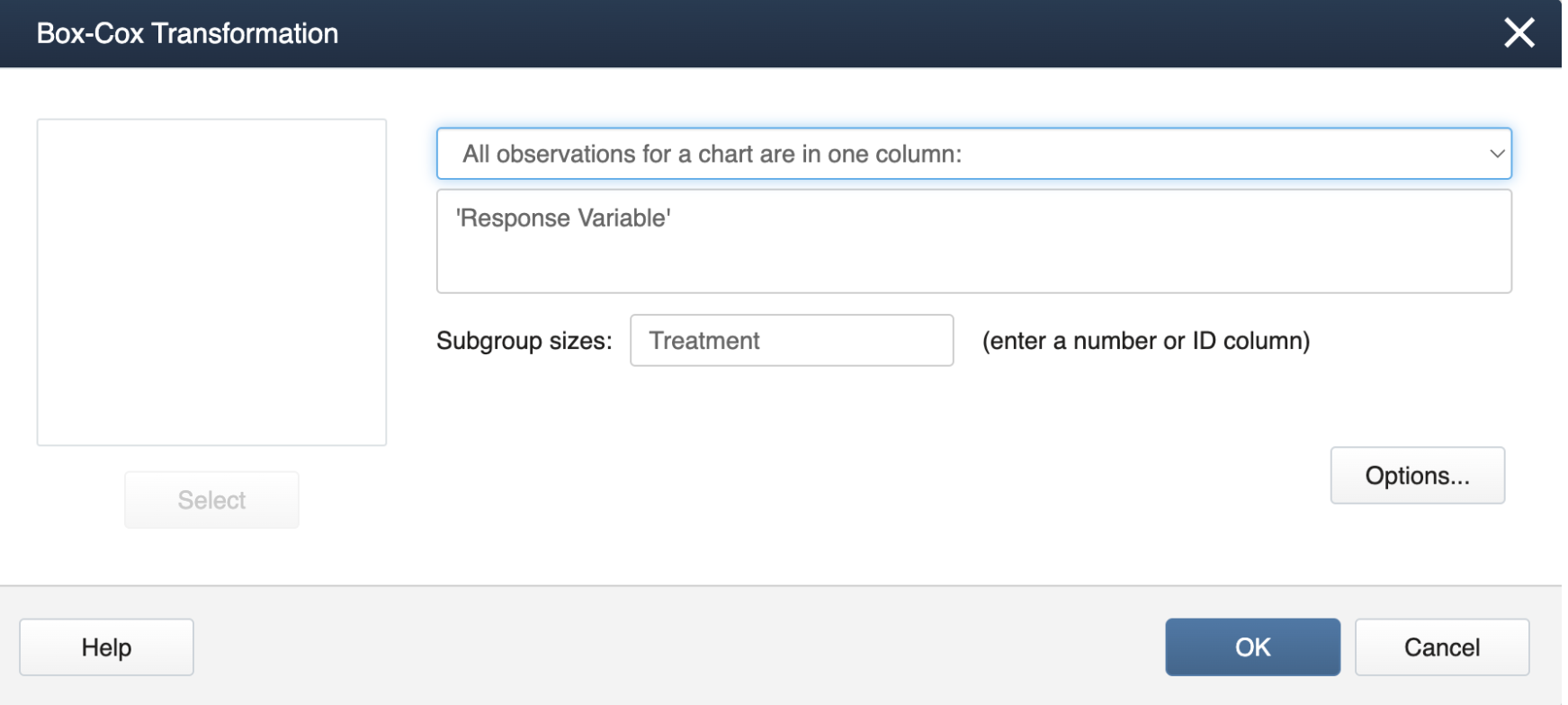 Entering "Response Variable" and "Treatment" in the Box-Cox Transformation window.