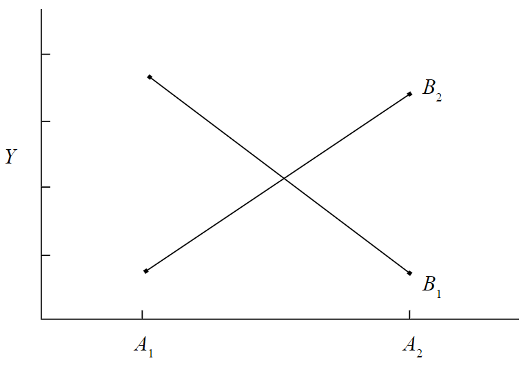 Graph of Y vs A, containing two diagonal line segments that cross over each other nearly at right angles. Segment B1 slants down from its left endpoint at A1 to its right endpoint at A2. Segment B2 slants up from its left endpoint at A1 to its right endpoint at A2.