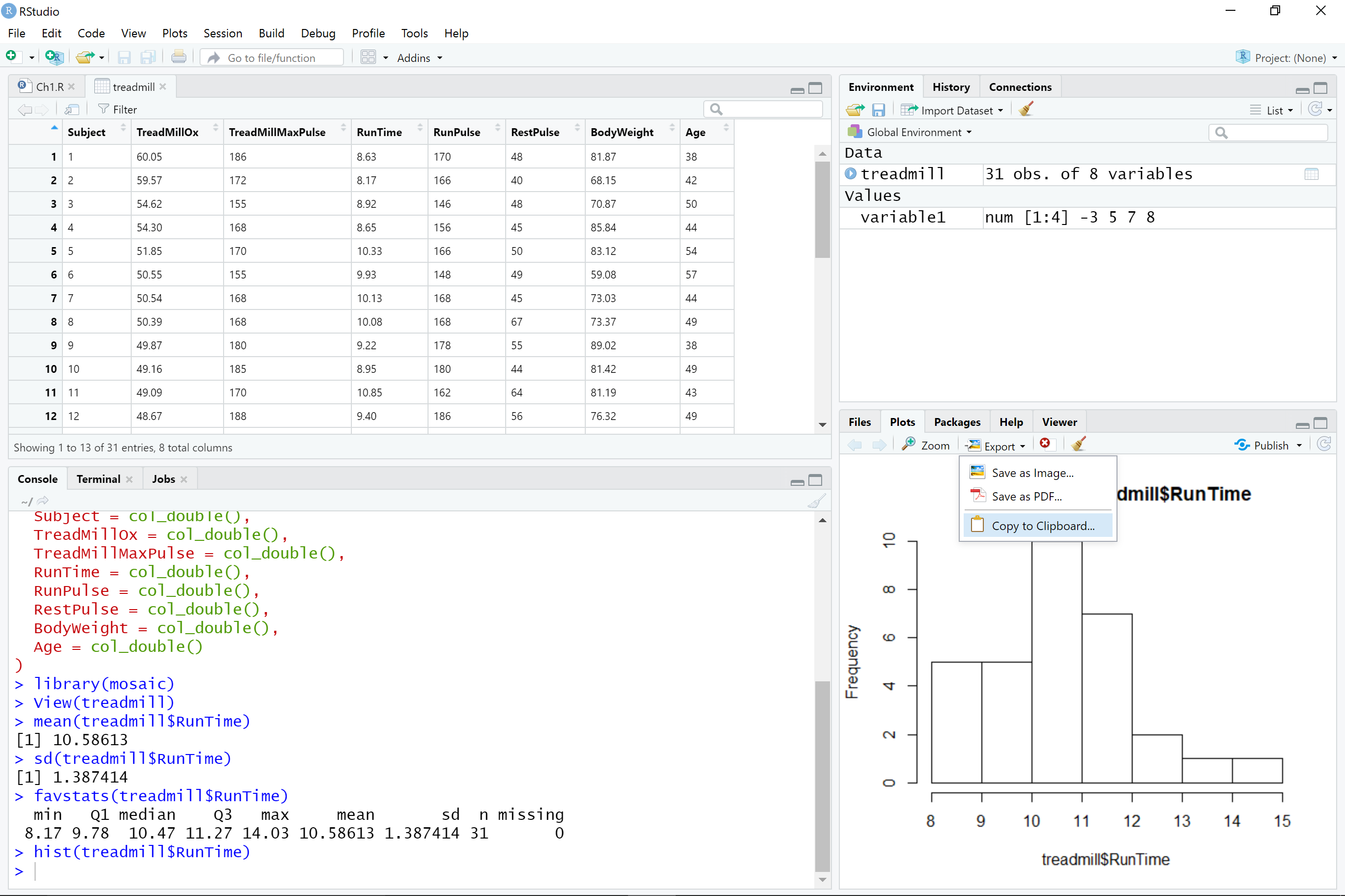 RStudio while in the process of copying the histogram.