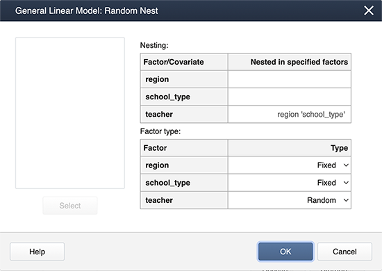Minitab General Linear Model: Random Nest pop-up window, with "region 'school_type'" as entries next to "teacher" in the Nesting table, "region" as a fixed factor, "school_type" as a fixed factor, and "teacher" as a random factor.