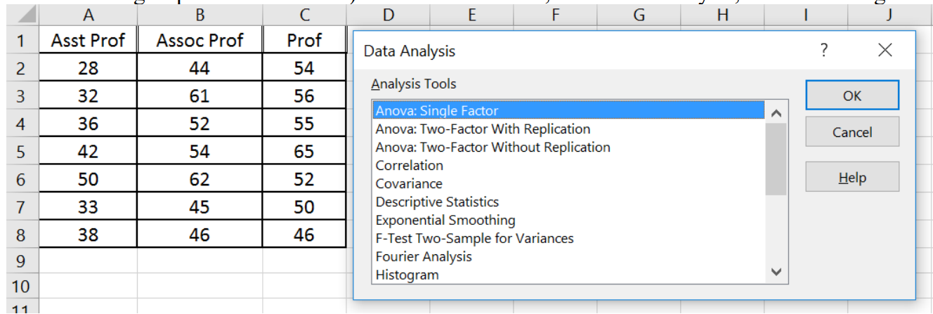 Entering data columns in Excel, with labels in the first row, and selecting Data Analysis, ANOVA: Single-factor in the Data tab.
