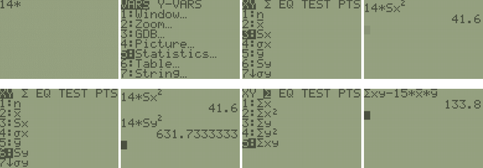 Performing calculations using the stored values created from the 2-Variable Stat function, accessed through using the VARS key followed by the Statistics option. Calculations include multiplying the standard deviation of each variable by n-1, or 14, and subtracting 15 times the product of the x and y means from the sum of x times y.