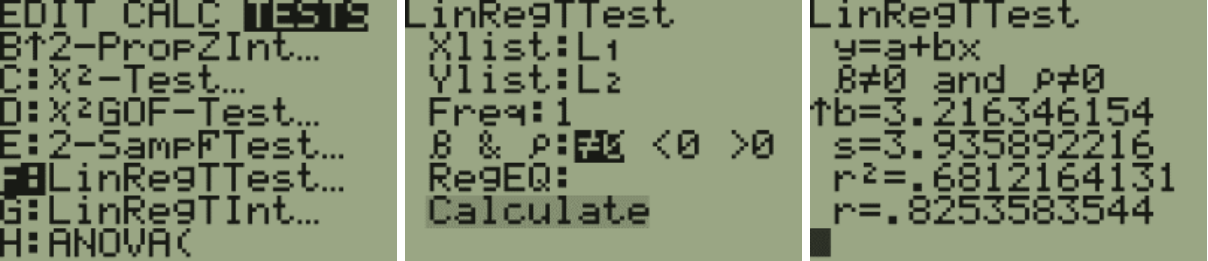 Selecting the LinRegTTest function from the TEST menu under STAT. The default settings for this test. The results from this test.