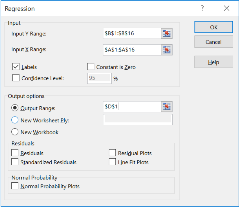 Excel Regression pop-up window, with the "Labels" option selected and cell D1 selected for the Output Range option.