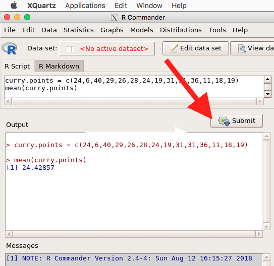 The windows of R Commander, macOS. From bottom to top: Messages, Output, Script (tab, Markdown) Rcmdr ver. 2.4-4.