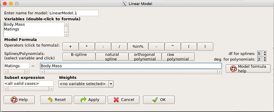 Linear Model popup menu in R Commander, with model formula entered as Matings tilda Body.Mass.