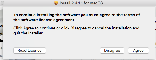 Fourth screen of the R macOS installer, asking user to either agree to the terms of the software license agreement or to cancel the installation and quit the installer.