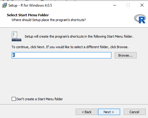 Seventh screen of the R installer in Windows, allowing choices for the program shortcut location in a start menu folder. The "R" folder is entered.