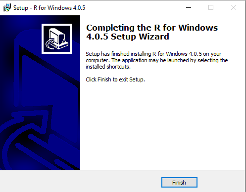 Finishing screen for R Windows installer, showing that the program has been successfully installed.