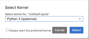 Popup menu titled "Select Kernel", showing that the current kernel is Python 3.