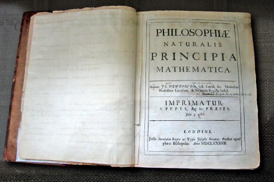 An image showing a scan of the title page of Newton&rsquo;s Mathematical Principles of Natural Philosophy. 
