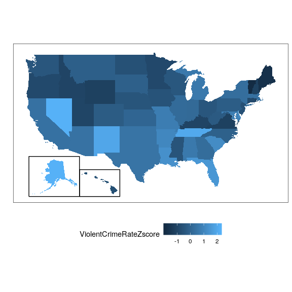 Datos delictivos presentados en un mapa de Estados Unidos, presentados como puntajes Z.