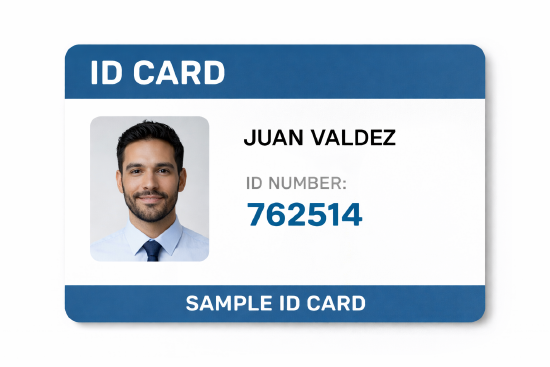 ID card with photo of Juan Valdez and six-digit ID number 762514 on a blue and white layout.