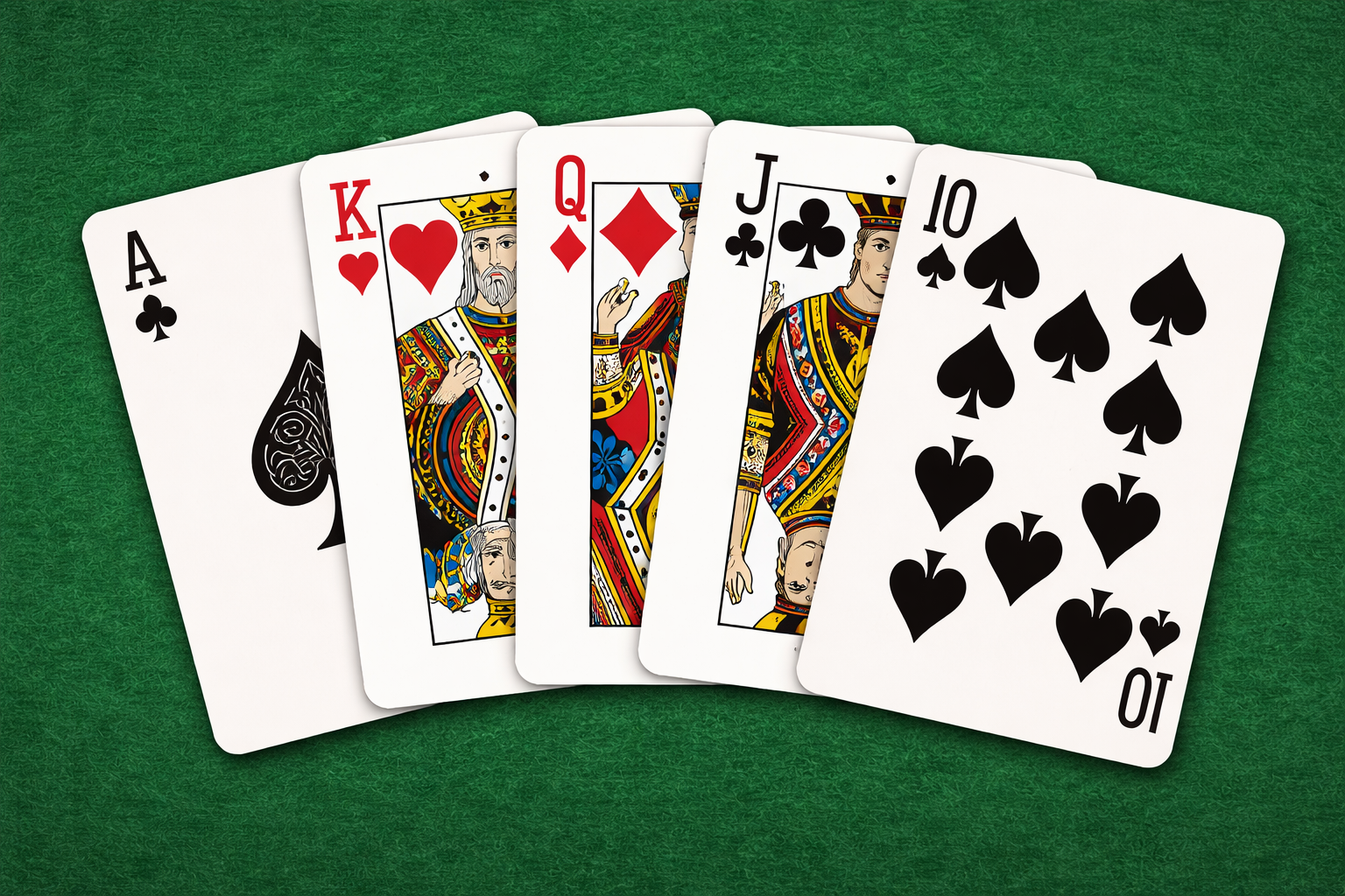 Five playing cards fanned on a green surface showing ace, king, queen, jack, and ten of mixed suits.