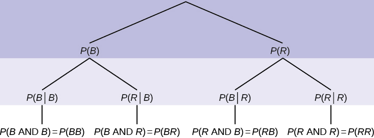 This is a tree diagram for a two-step experiment. The first branch shows first outcome: P(B) and P(R). The second branch has a set of 2 lines for each line of the first branch: the probability of B given B = P(BB), the probability of R given B = P(RB), the probability of B given R = P(BR), and the probability of R given R = P(RR).