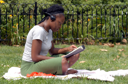 A student listens to music while studying.