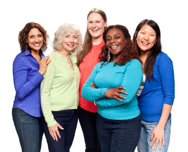 Five smiling middle-aged women