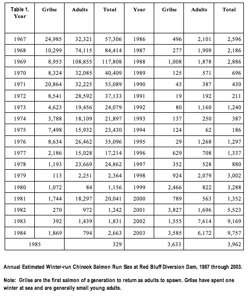 table showing number of salmon per year, starting with 57,306 in 1967 to 9,757 in 2003.